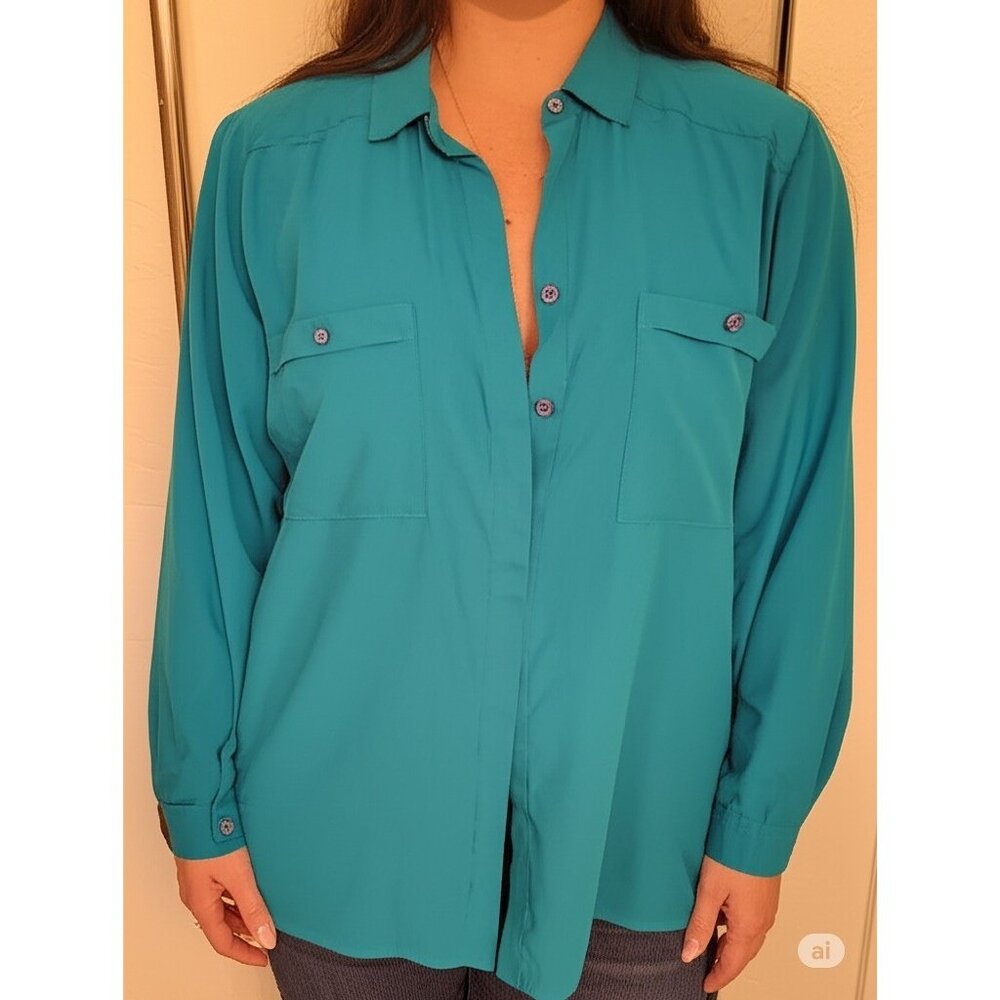 Vintage Katelyn Court Teal Button Up Blouse Size L Long Sleeve Shirt Pockets